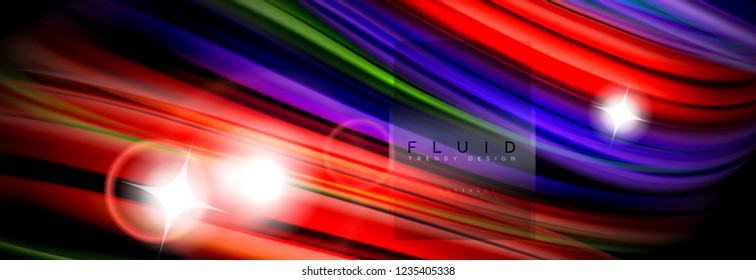 Mixing color waves on black, liquid flowing shapes, vector fluid trendy design