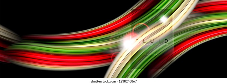 Mixing color waves on black, liquid flowing shapes, vector fluid trendy design