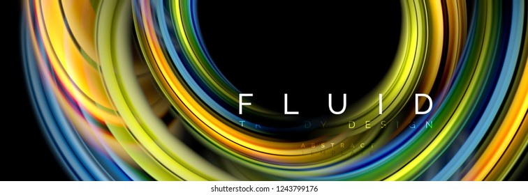 Mixing color waves on black, liquid flowing shapes, vector fluid trendy design
