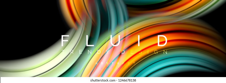 Mixing color waves on black, liquid flowing shapes, vector fluid trendy design