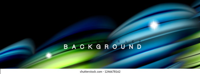 Mixing color waves on black, liquid flowing shapes, vector fluid trendy design