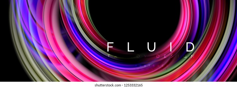 Mixing color waves on black, liquid flowing shapes, vector fluid trendy design