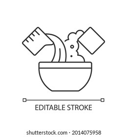 Mixing cooking ingredient linear icon. Add water in bowl for dough making. Cooking instruction. Thin line customizable illustration. Contour symbol. Vector isolated outline drawing. Editable stroke