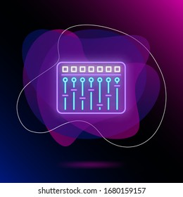Mixing desk neon sign. Luminous signboard with turntable. Night bright advertisement. Vector illustration in neon style for record studio, party, disco