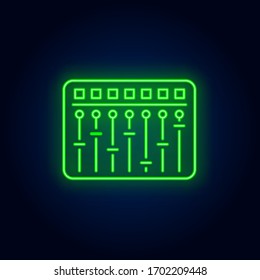 Mixing desk neon sign. Luminous signboard with turntable. Night bright advertisement. Vector illustration in neon style for record studio, party, disco