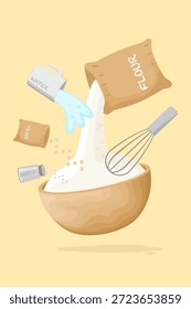 Mezclando masa e ingredientes para pan, panadería, pastelería, pasta o fideos, la harina de trigo es un ingrediente clave en los productos horneados, la receta del proceso de fabricación de masa con agua o levadura de leche azúcar sal huevo y mantequilla.