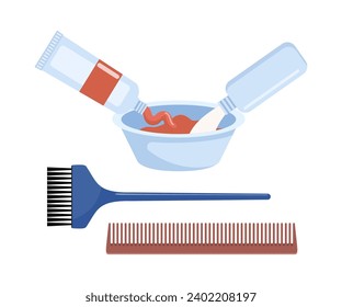 Mezclando tinte y oxidante en un recipiente de plástico para colorear el pelo. Elementos para colorear el pelo. Herramientas y productos cosméticos para el cuidado del pelo. Elementos para el salón de belleza. Ilustración del vector