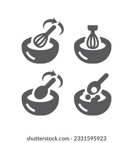 Mixing food bowl, stir with whisk or egg beater. Mixer, adding ingredients, cooking vector icon set.