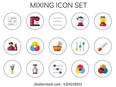 mixing icon set. 15 flat mixing icons.  Collection Of - controls, barman, mixer, rgb, bowl, blender, spatula