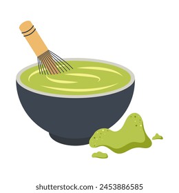 Mixing matcha powder for tea with a whisk. Vector illustration.