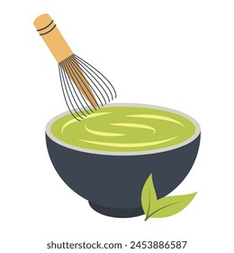 Mixing matcha tea with a whisk. Vector illustration.