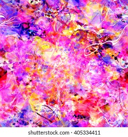 Mixing paint. Colored wavy lines & spots. Abstract seamless marble pattern. Watercolor effect and blur. Vector. For fabrics, wallpaper, wrapping paper