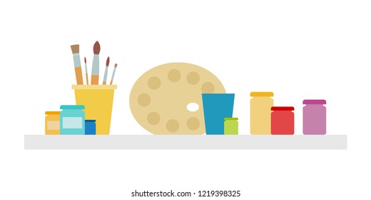 Mixing palette, a set of brushes in a glass and jars of paint vector icon flat illustration isolated on white