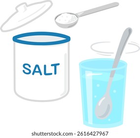 Mixing salt with water in a glass with a spoon