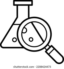 Mixing titration flask vector line icon design, Biochemistry symbol, Biological processes Sign, bioscience and engineering stock illustration, Erlenmeyer flask with magnifier Concept