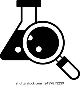 Mixing titration flaskvector outline design, Biochemistry symbol, Biological processes Sign, bioscience and engineering stock illustration, Erlenmeyer flask with magnifier Concept