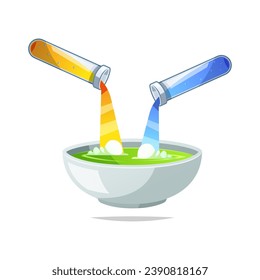 Mixing two liquids blue and yellow. Transparent Glass test tube vector..
