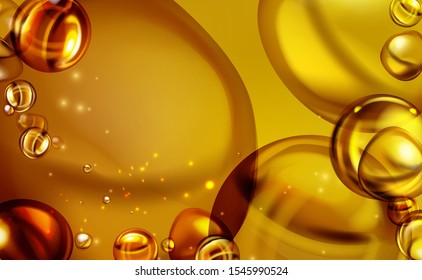 mixing water and oil, beautiful color abstract background, Floating bubbles in oil against a golden gradient backdrop - 3D illustration.