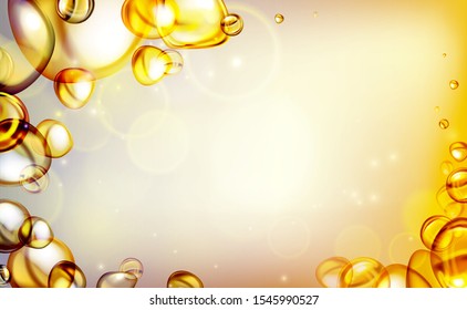 mixing water and oil, beautiful color abstract background, Floating bubbles in oil against a golden gradient backdrop - 3D illustration.