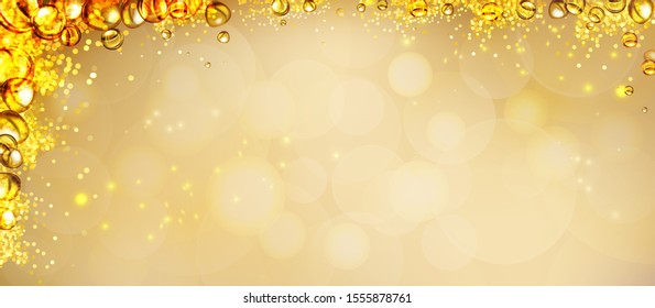 mixing water and oil, beautiful color abstract background, Floating bubbles in oil against a golden gradient backdrop - 3D illustration.