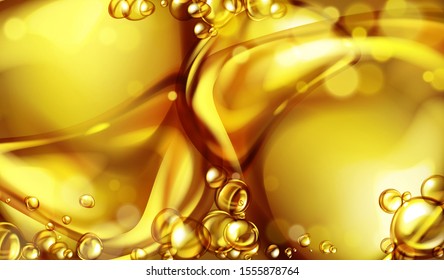 mixing water and oil, beautiful color abstract background, Floating bubbles in oil against a golden gradient backdrop - 3D illustration.