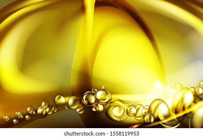 mixing water and oil, beautiful color abstract background, Floating bubbles in oil against a golden gradient backdrop - 3D illustration.