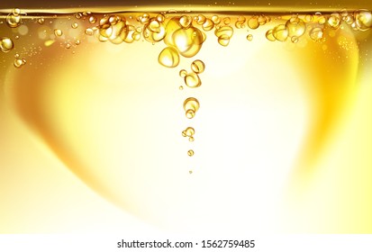 mixing water and oil, beautiful color abstract background, Floating bubbles in oil against a golden gradient backdrop - 3D illustration.