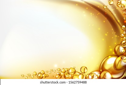 mixing water and oil, beautiful color abstract background, Floating bubbles in oil against a golden gradient backdrop - 3D illustration.