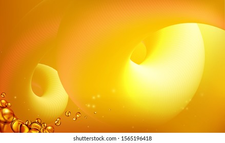 mixing water and oil, beautiful color abstract background, Floating bubbles in oil against a golden gradient backdrop - 3D illustration.
