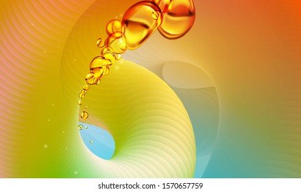 mixing water and oil, beautiful color abstract background, Floating bubbles in oil against a golden gradient backdrop - 3D illustration.