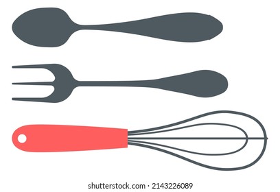 Mixing wire whisk and cooking fork and spoon, instruments and tools in kitchen. Equipment for preparing food, household and restaurant or cafe emblem. Cutlery and utensils, eating service vector