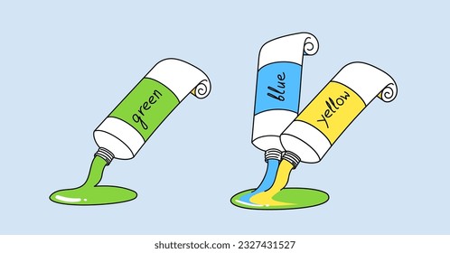 Mixing yellow and blue paint gives green. Tubes with paint and English names. Illustration for young artists or learning the names of colors in English.