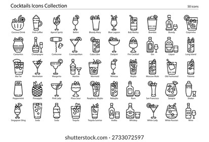 Mixology and beverage icon collection featuring various cocktail glasses, drink ingredients, bar tools, garnishes, and alcoholic beverages for bar menus and hospitality design.