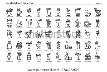 Mixology and beverage icon collection featuring various cocktail glasses, drink ingredients, bar tools, garnishes, and alcoholic beverages for bar menus and hospitality design.