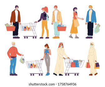 Mix-race diverse people shopper wearing protective face mask set. Multinational man woman buyer holding shopping basket, bag, pushing trolley cart. Quarantine coronavirus health protection
