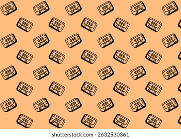 A mixtape retro illustration pattern with soft brown background, brand packaging, product illustration hand drawn print ads, electronics business