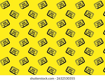 A mixtape retro illustration pattern with yellow background, brand packaging, product illustration hand drawn print ads, electronics business