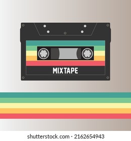 Mixtape. Throw back to the 80s. A Black audio cassette with retro color bars.