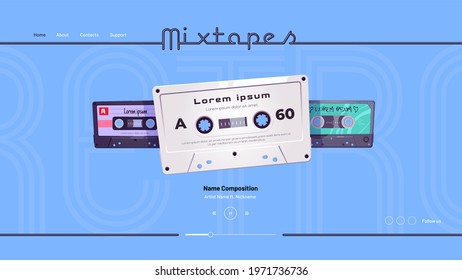 Mixtapes cartoon landing page, audio record player online interface or mobile application with retro cassettes, mix tapes disco, multimedia storage, service for listening music, Vector web banner