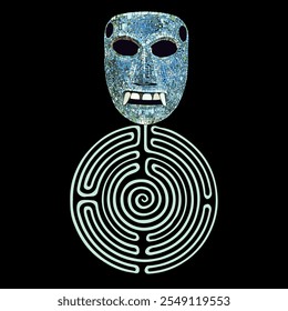 Mixtec mask and a round spiral maze or labyrinth symbol. Mystery of pre Columbian Mexican culture. Creative concept. 