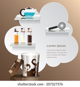 Mixture of coffee with tool and Kettle on wall standing concept