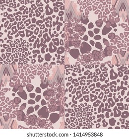 Mixture of giraffe, leopard and snake skin pattern organised in check fields, creating abstract animal skin pattern in neutral shades of powder  pink from light to darker shades.
