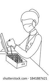 Mixture laced with samples into test tubes, close up people health care. The scientist is researching for medicine in laboratory, line drawing illustration.