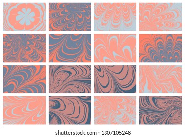 Mixture of liquid marble acrylic paints. Applicable for design cover, presentation, invitation, flyer, and  business card. Coral colour fluid art texture. Vector set.