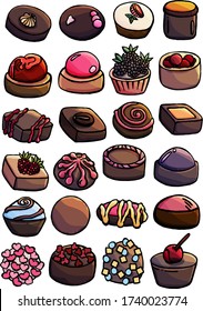 A mixture of sweets, chocolates, pastries and cakes on a white background, freaky sweets, with sprinkling, jam, cream, waffle, cream, cartoon, pastry shop, menu of a candy store, cafe, for children