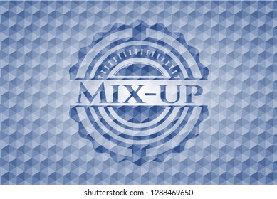Mix-up blue badge with geometric pattern background.