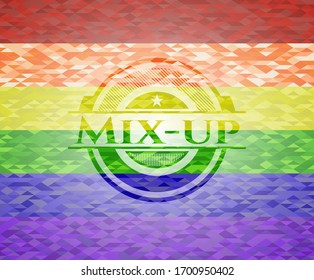 Mix-up emblem on mosaic background with the colors of the LGBT flag