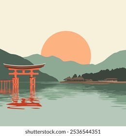 Ilha Miyajima e Santuário de Itsukushima Ilustração do vetor, icônico Torii japonês na água
