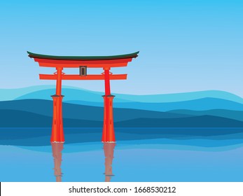 miyajima Itsukushima shinto shrine the torii  in the sea- The famous landmarks of Japan drawing in vector