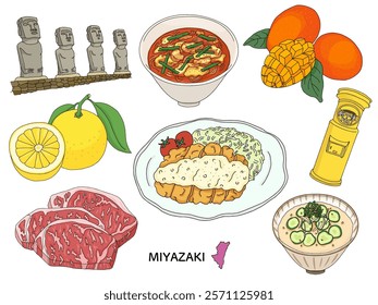 Miyazaki gourmet and sightseeing line drawing illustration set